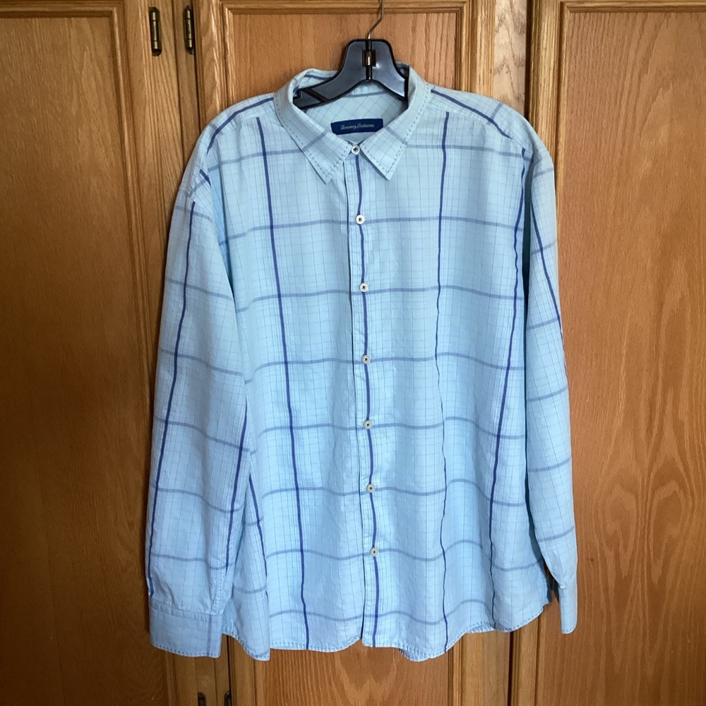 Tommy Bahama Cotton-Blend Button Down Blue Check Plaid Shirt